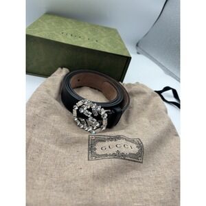 Gucci Authentic Crystal Interlocking G Black Leather Logo Belt 85.34 Made Italy